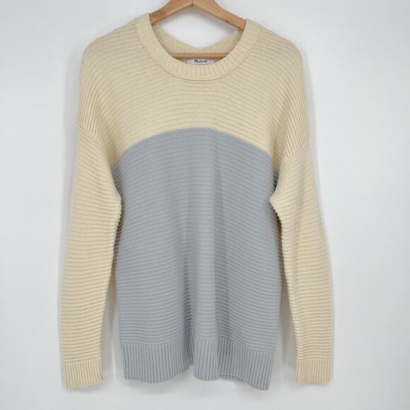 Madewell Greensboro Button Back Sweater Colorblock Small Blue Cream Textured - Picture 1 of 11